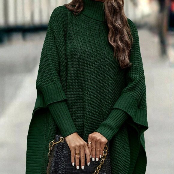 Dark Green Casual Women's Turtleneck Batwing Sleeve Poncho Sweater top - Picture 1 of 7